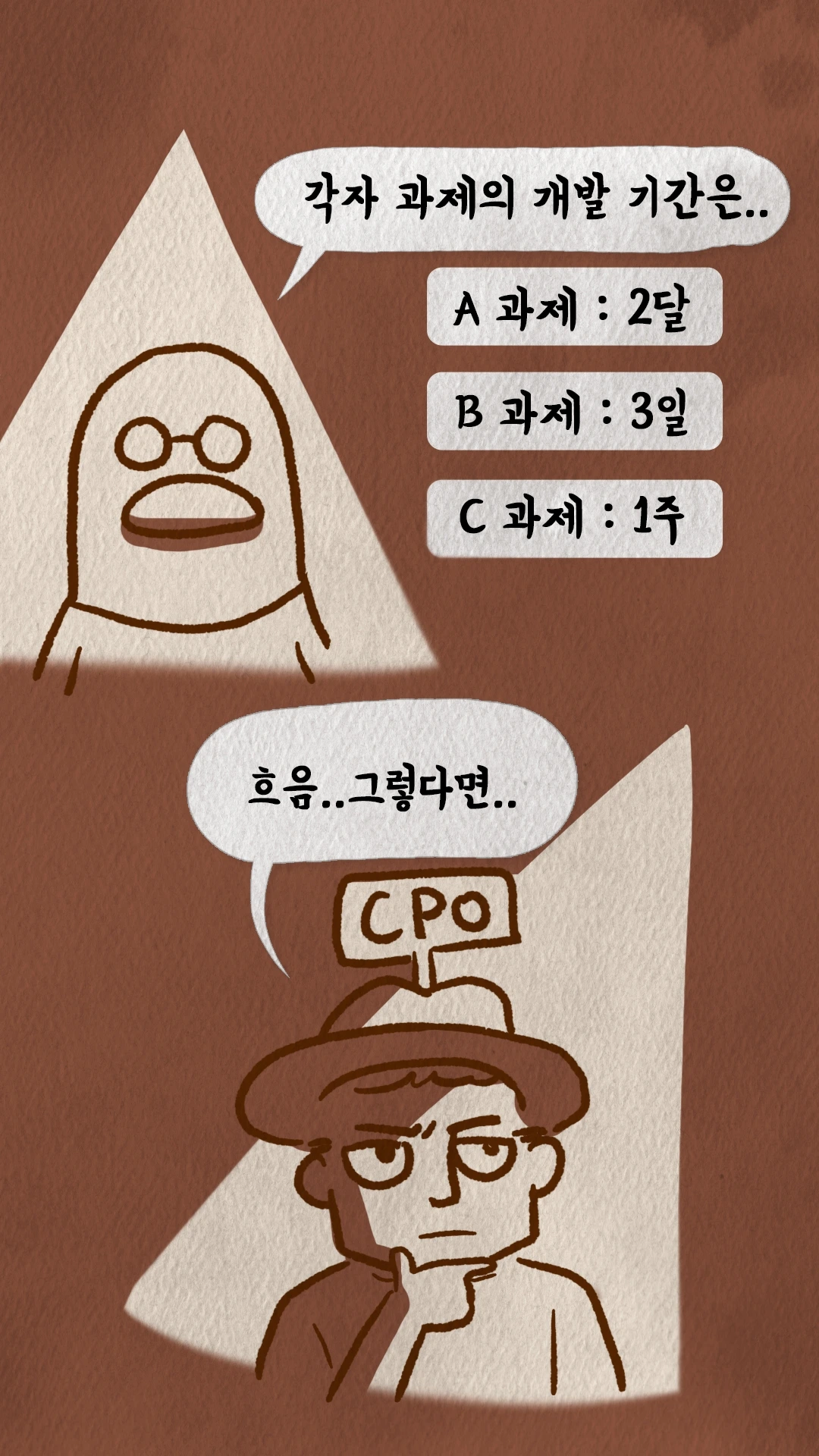 코치S 웹툰 A B C 과제별 개발기간을 비교하는 장면